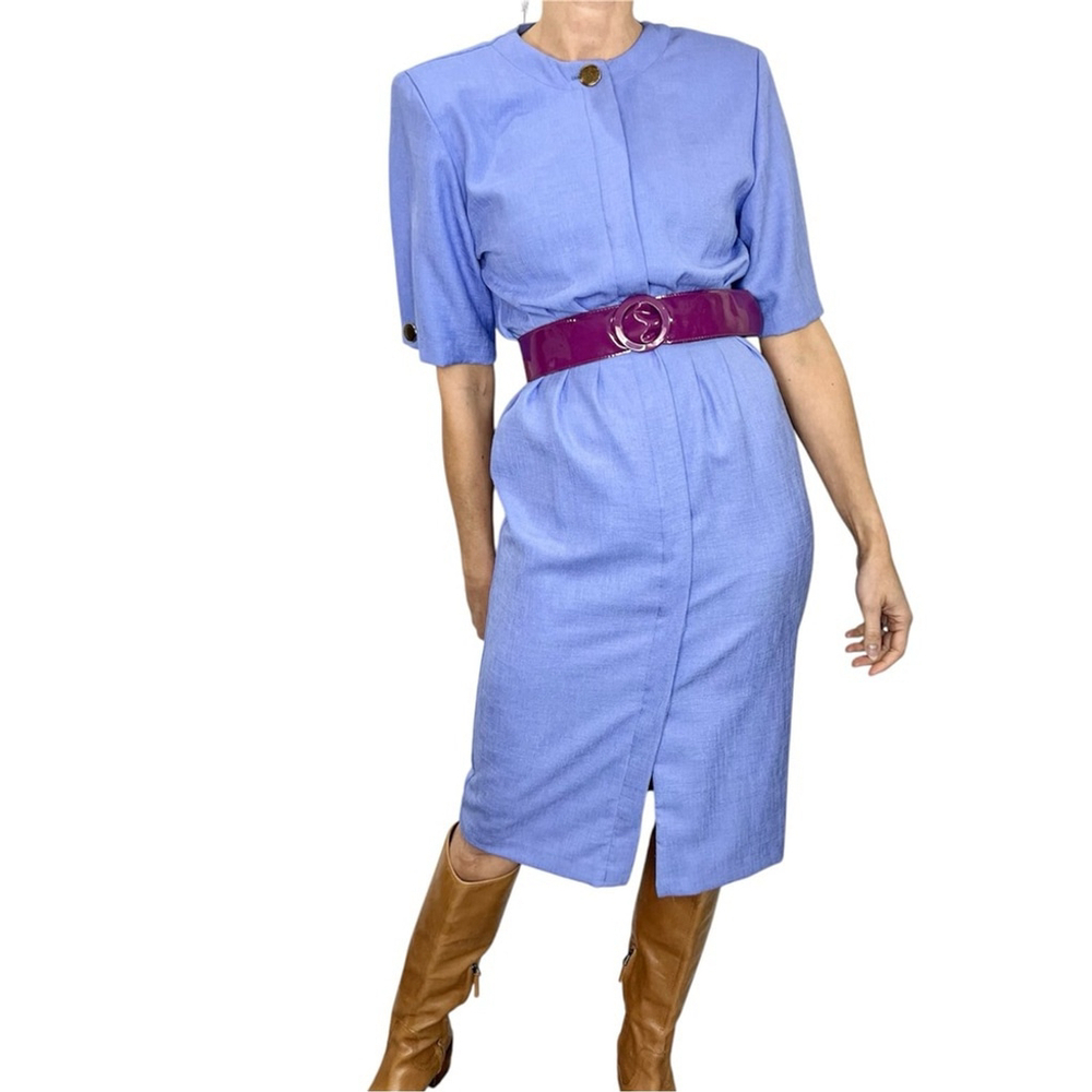 Vintage 80s Cannes lilac purple tailored padded shoulder belted midi dress 5